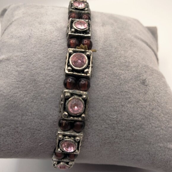 Pink Silver Beaded Bracelet Rhinestone Stretch 7 inch Valentine - Picture 1 of 4